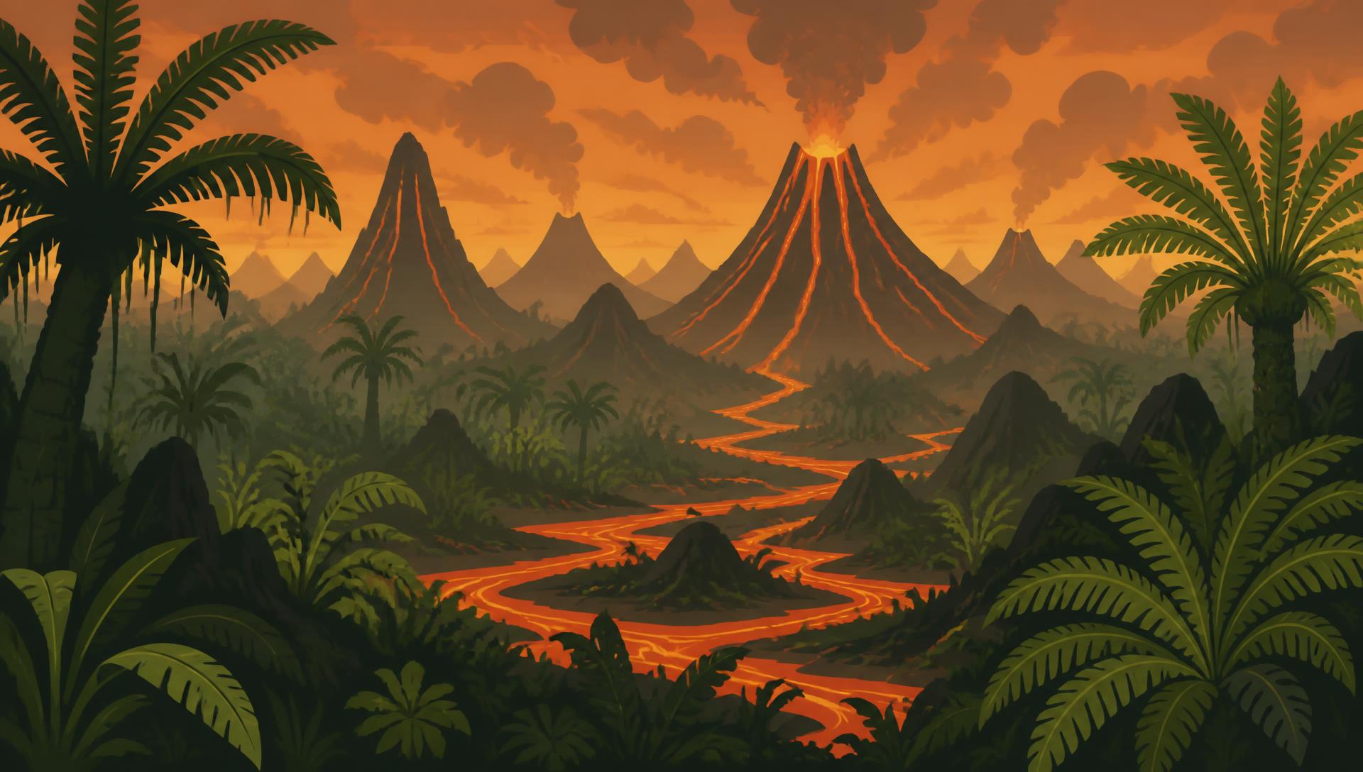 Volcanic prehistoric jungle with rivers of lava